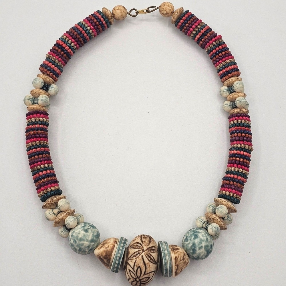 Multi Color Statement Necklace Tribal Tropical 18‎ In